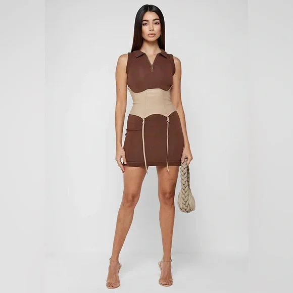 Manière de Voir Brown Polo Dress w/ Beige Suspender Corset - Picture 2 of 8